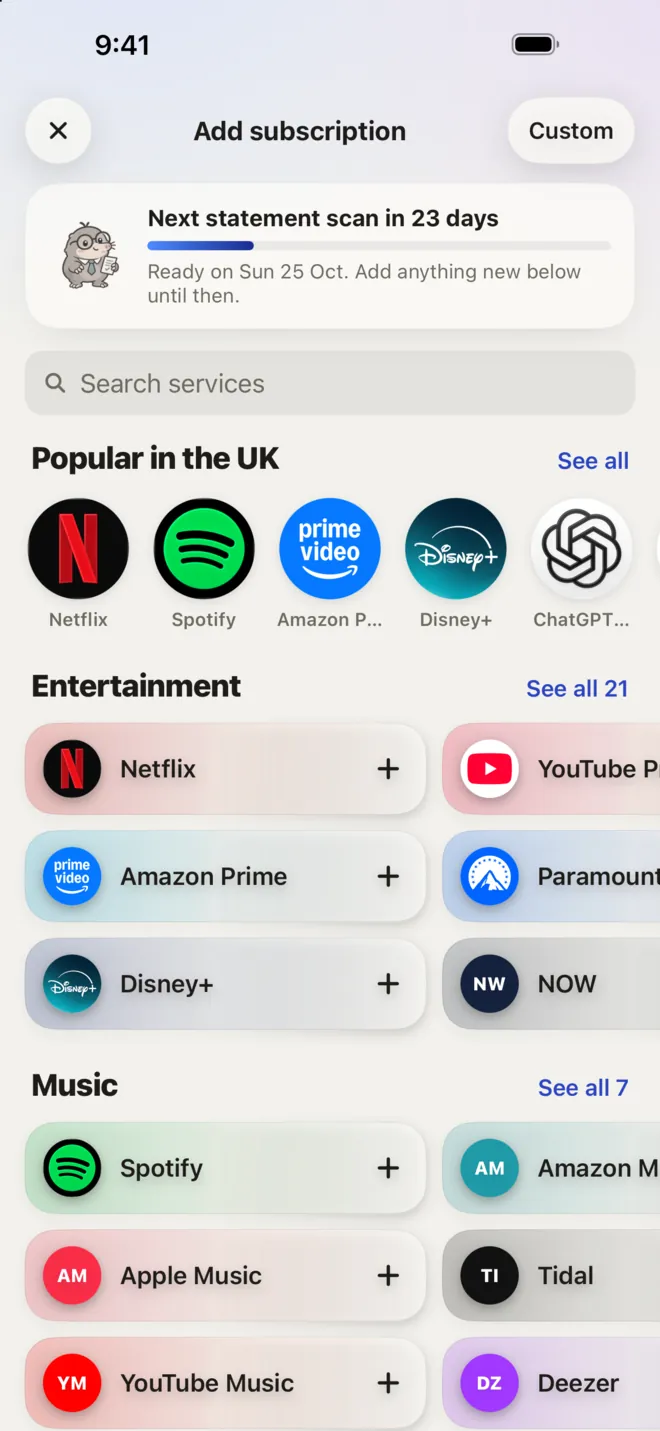 Add subscription: search services or pick a popular one